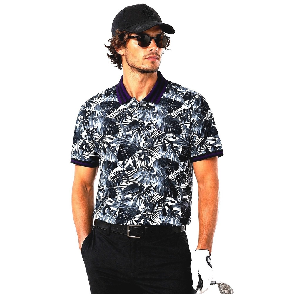 G/FORE Mens Tropical Monstera Leaf Print Golf Polo Navy Purple Striped Trim